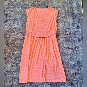 L.L.Bean Coral V-Neck PolkaDot Sleeveless Dress Rouging Waist Dress Sz XL